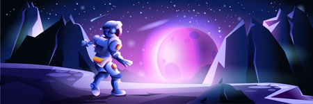 Space at another planet background banner in flat cartoon design. Cosmos fantasy poster with stars sky, different planets and celestial bodies, rocks desert at cosmic surface view. Vector illustrationのイラスト素材