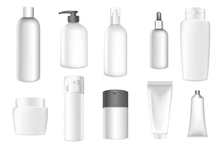 Cosmetic packages mega set in 3d realistic design. Bundle elements of white containers with empty text spaces of shampoo bottle, cream tube, lotion, other. Vector illustration isolated graphic objectsのイラスト素材
