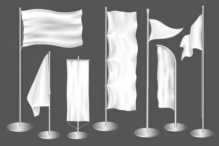 Outdoor banners mega set in 3d realistic design. Bundle elements of white empty mockups of flags and posters on steel poles for advertising and promotion. Vector illustration isolated graphic objectsのイラスト素材