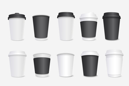 Paper coffee cups mega set in 3d realistic design. Bundle elements of white and black cardboard containers with lids for latte, mocha, cappuccino drinks. Vector illustration isolated graphic objectsのイラスト素材