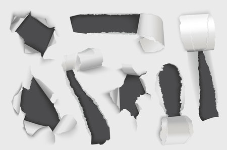 Torn paper holes mega set in 3d realistic design. Bundle elements of different types of ragged white pages and holes with bursting curled ripped edges. Vector illustration isolated graphic objectsのイラスト素材