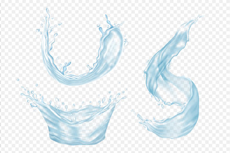 Water splashes mega set in 3d realistic design. Bundle elements of blue liquid fluids with drops in crown or swirling forms on transparent background. Vector illustration isolated graphic objectsのイラスト素材