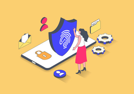 Cyber security concept in 3d isometric design. Woman scanning fingerprint for secure access and authentication, internet data protection. Vector illustration with isometry people scene for web graphicのイラスト素材