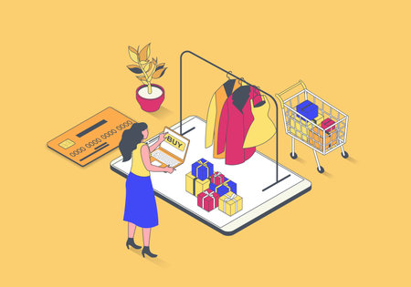 E-commerce concept in 3d isometric design. Woman making online shopping and ordering new goods in internet store with delivery at home. Vector illustration with isometry people scene for web graphicのイラスト素材