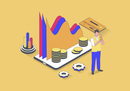 Finance concept in 3d isometric design. Man doing financial accounting and money management, analyzing data graphs and charts of account. Vector illustration with isometry people scene for web graphicのイラスト素材