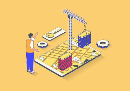 Real estate concept in 3d isometric design. Man choosing new home and investing money in apartment, company building property to sell. Vector illustration with isometry people scene for web graphicのイラスト素材