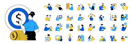 Business concept with people situations mega set in flat web design. Bundle scenes of investment, teamwork, success strategy, other. Vector illustrations for social media banner, marketing material.のイラスト素材