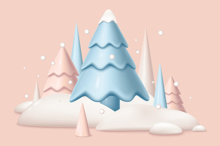 Christmas and New Year 2024 background in 3d realistic design. Festive pine trees and geometric shapes in snow hills with winter snowflakes falling. Xmas banner in plastic style. Vector illustration.のイラスト素材