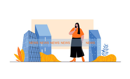 Journalism web concept with people in flat cartoon design. Woman journalist with microphone working in television with breaking news. Vector illustration for social media banner, marketing material.のイラスト素材