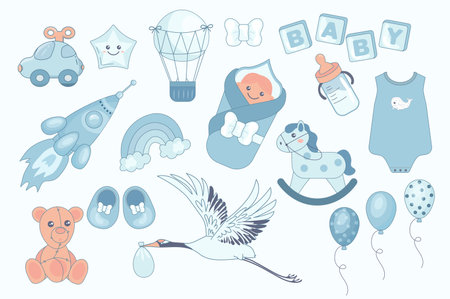 Baby shower mega set in flat design. Bundle elements of child toys, star, hot air balloon, cubes, rocket, rainbow, newborn boy kid, other blue symbols. Vector illustration isolated graphic objectsのイラスト素材