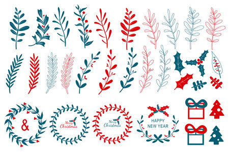 Christmas twigs and wreaths mega set in flat design. Bundle elements of xmas plant leaves, brunches with with berries and circle chaplets for decoration. Vector illustration isolated graphic objectsのイラスト素材