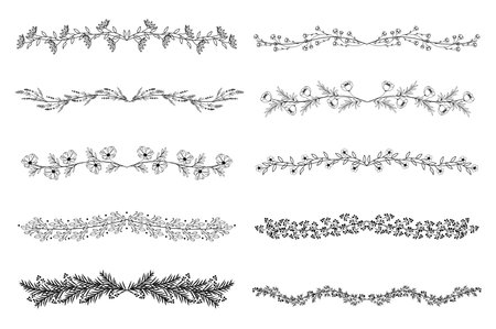 Black flower borders mega set in flat design. Bundle elements of elegant line ink contour floral dividers and silhouette laurel branches with leaves. Vector illustration isolated graphic objectsのイラスト素材