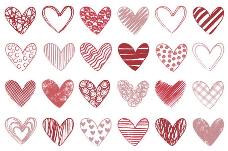Hand drawn hearts mega set in flat design. Bundle elements of doodle simple romantic shapes with striped, lines or polka dots patterns, grunge texture. Vector illustration isolated graphic objectsのイラスト素材