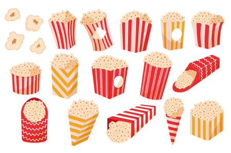 Popcorn buckets mega set in flat design. Bundle elements of classic striped paper boxes with tasty corn snack, container symbols of cinema entertainment. Vector illustration isolated graphic objectsのイラスト素材