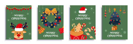 Merry Christmas 2024 cover brochure set in flat design. Poster templates with cute reindeer in Santa Claus hat, wreath with bow, tree with toys, lollipop, other New Year decor. Vector illustration.のイラスト素材