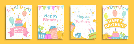 Happy birthday cover brochure set in flat design. Poster templates with colorful flag garlands, cake with candles, balloons and confetti, gift boxes with bows for surprise party. Vector illustration.のイラスト素材