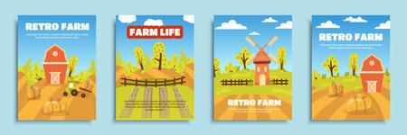Retro farm cover brochure set in flat design. Poster templates with wooden barns and mills, tractors by haystacks, fields, farmland plantations, gardening and agronomy business. Vector illustrationのイラスト素材