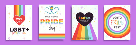 LGBT pride day cover brochure set in flat design. Poster templates with rainbow flags and hearts, love freedoms and rights equality signs, LGBTQ community symbols for parades. Vector illustrationのイラスト素材