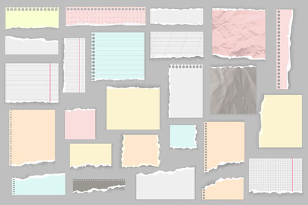 Ripped papers mega set in flat design. Bundle elements of colorful torn paper sheets, sticky notes shreds, notebook edges, empty and lined stripes. Vector illustration isolated graphic objectsのイラスト素材