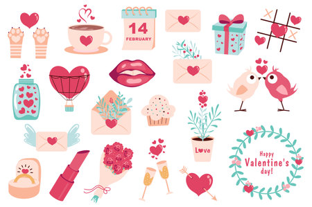 Valentine Day mega set in flat design. Bundle elements of hearts, cat paws, calendar date, love letter, kiss lips, hot air balloon, flowers, ring, other. Vector illustration isolated graphic objectsのイラスト素材