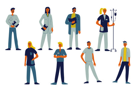 Medical staff people set in flat character design for web. Bundle persons of different women and men work as doctors, nurses, surgeons, paramedics, dentists, therapists, other. Vector illustration.のイラスト素材