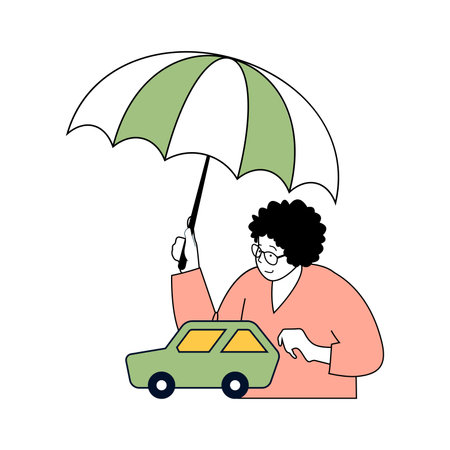 Insurance service concept with cartoon people in flat design for web. Woman holds umbrella under car, buys accident protection policy. Vector illustration for social media banner, marketing material.のイラスト素材