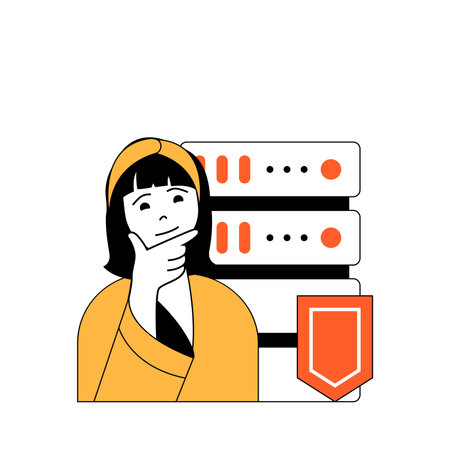 Cyber security concept with cartoon people in flat design for web. Woman using shield protection...
