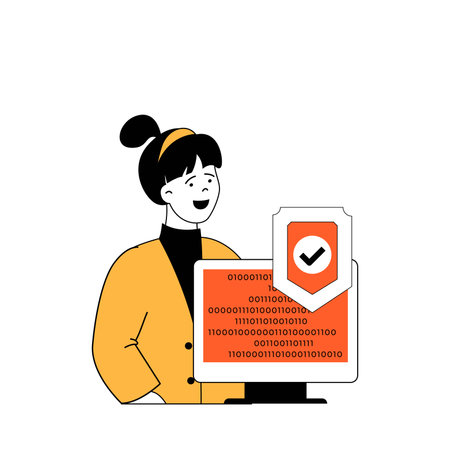 Cyber security concept with cartoon people in flat design for web. Woman using security system and shielding screen with binary code. Vector illustration for social media banner, marketing material.のイラスト素材