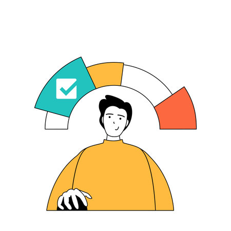 Marketing and development concept with cartoon people in flat design for web. Man makes brand advertising and doing task to deadline. Vector illustration for social media banner, marketing material.のイラスト素材