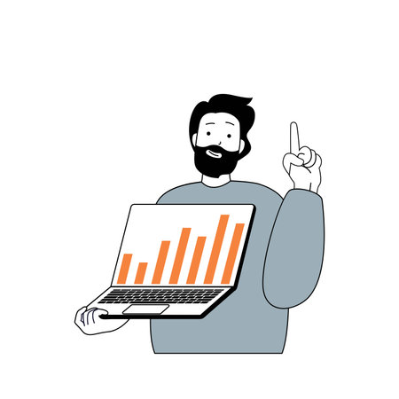 Business and finance concept with cartoon people in flat design for web. Man making revenue data analysis and getting financial growth. Vector illustration for social media banner, marketing material.のイラスト素材