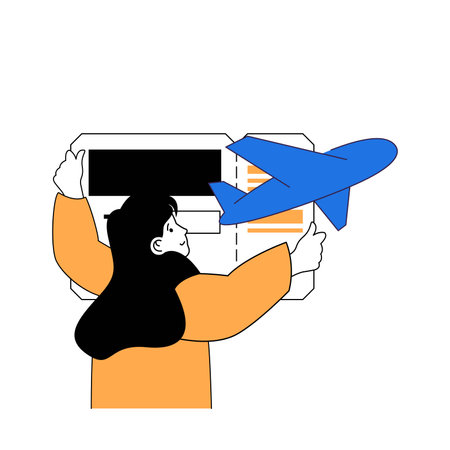 Travel concept with cartoon people in flat design for web. Woman with flight ticket going to vacation rest and international voyage. Vector illustration for social media banner, marketing material.のイラスト素材