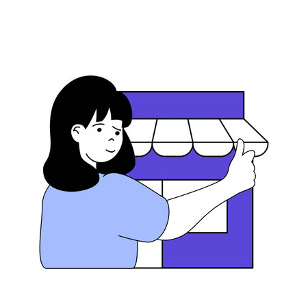 Shopping concept with cartoon people in flat design for web. Woman making purchases in store counter or supermarket with best prices. Vector illustration for social media banner, marketing material.のイラスト素材