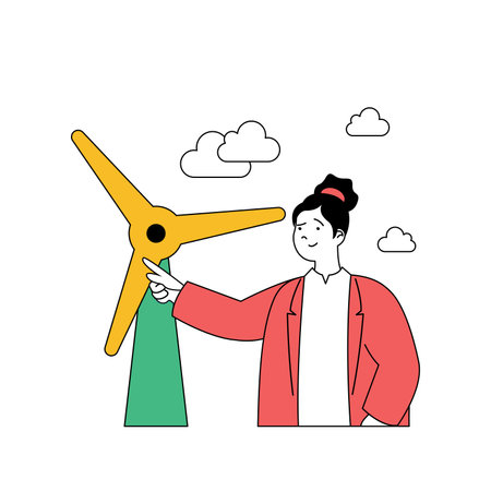Ecology concept with cartoon people in flat design for web. Woman using wind turbine for getting green alternative electricity energy. Vector illustration for social media banner, marketing material.のイラスト素材