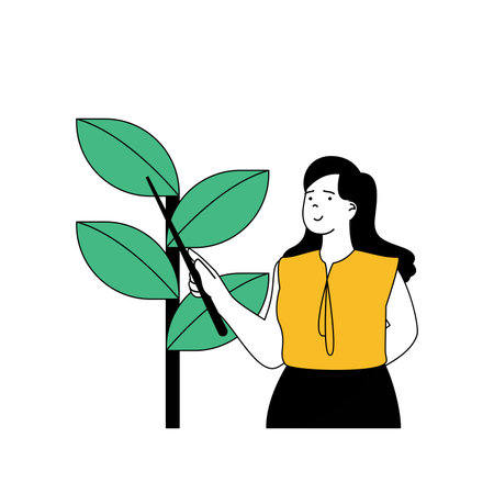 Ecology concept with cartoon people in flat design for web. Woman protecting green plants and trees, trying to stop climate change. Vector illustration for social media banner, marketing material.のイラスト素材