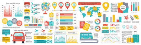 Mega set of travel infographic elements data visualization vector design template. Can be used for steps, options, business process, workflow, diagram, flowchart, timeline. Bundle info graphics.のイラスト素材