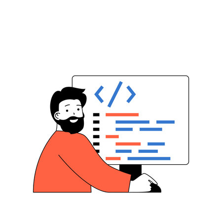 Programming concept with cartoon people in flat design for web. Man working with program code and scripts on computer screen in agency. Vector illustration for social media banner, marketing material.のイラスト素材