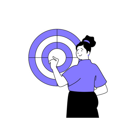 Teamwork concept with cartoon people in flat design for web. Woman targeting and setting goals to achievement for company employees. Vector illustration for social media banner, marketing material.のイラスト素材