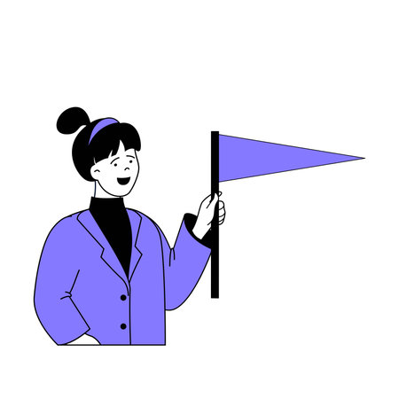 Teamwork concept with cartoon people in flat design for web. Woman with flag achieving career goals and getting success and leadership. Vector illustration for social media banner, marketing material.のイラスト素材