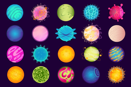 Galaxy planets mega set in flat design. Bundle elements of colourful abstract alien planets and...