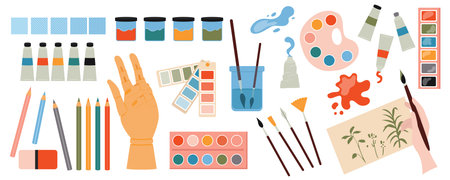 Painting tools mega set in flat design. Bundle elements of watercolor or acrylic paint tubes, brushes, pencils, palette, colours swatch, mannequin hand. Vector illustration isolated graphic objectsのイラスト素材