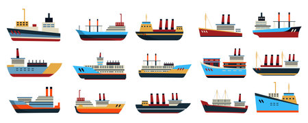 Sea ships and boats mega set in flat design. Bundle elements of water transportation vehicles, different types of sailboats, yachts, liners in side view. Vector illustration isolated graphic objectsのイラスト素材