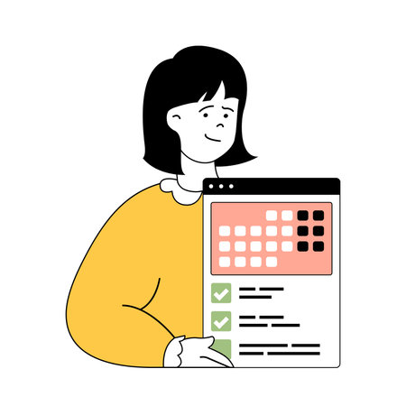 Time management concept with cartoon people in flat design for web. Woman making organization and optimization processes with calendar. Vector illustration for social media banner, marketing material.のイラスト素材
