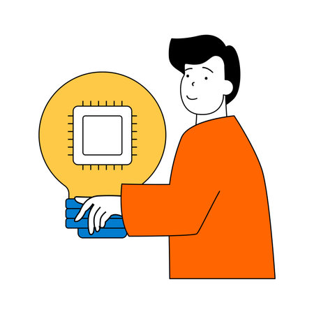 Virtual reality concept with cartoon people in flat design for web. Man using processor circuit for...