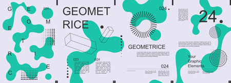 Geometric modern banner with trendy minimalist typography design. Poster templates with abstract dynamic liquid shapes, graphic line cubes, circle dots grids and text elements. Vector illustration.のイラスト素材
