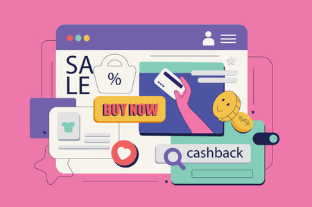 Commerce concept in flat neo brutalism design for web. Online shopping at sale, ordering goods with...