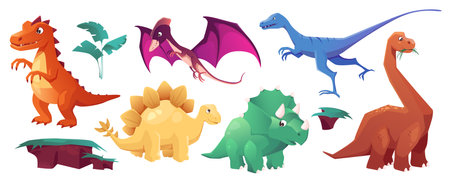 Cute dinosaurs mega set in cartoon graphic design. Bundle elements of different types prehistoric dinos, plants, ground shapes. Funny ancient predator characters. Vector illustration isolated objectsのイラスト素材