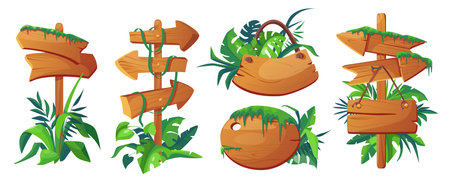 Jungle signboards mega set in cartoon graphic design. Bundle elements of different shapes of empty wooden direction pointers and guidepost with rainforest leaves. Vector illustration isolated objectsのイラスト素材