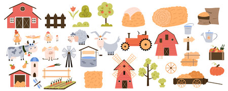 Cute farming mega set in cartoon graphic design. Bundle elements of livestock, poultry, gardening crop, trees, mill, tractor, barn, haystack, vegetables, fruits. Vector illustration isolated objectsのイラスト素材