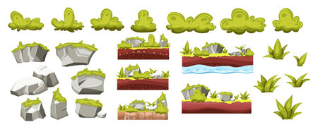 Grass and rocks mega set in cartoon graphic design. Bundle elements of green bushes, grey stones with moss, plant leaves, ground asset layers for game interface. Vector illustration isolated objectsのイラスト素材