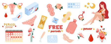 Menstrual period mega set in cartoon graphic design. Bundle elements of feminine hygiene products, pads, tampons, menstrual cup, calendar, uterus, flowers, drops. Vector illustration isolated objectsのイラスト素材
